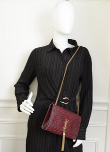 YSL Burgundy Croco Embossed Kate Tassel Medium Chain Bag
