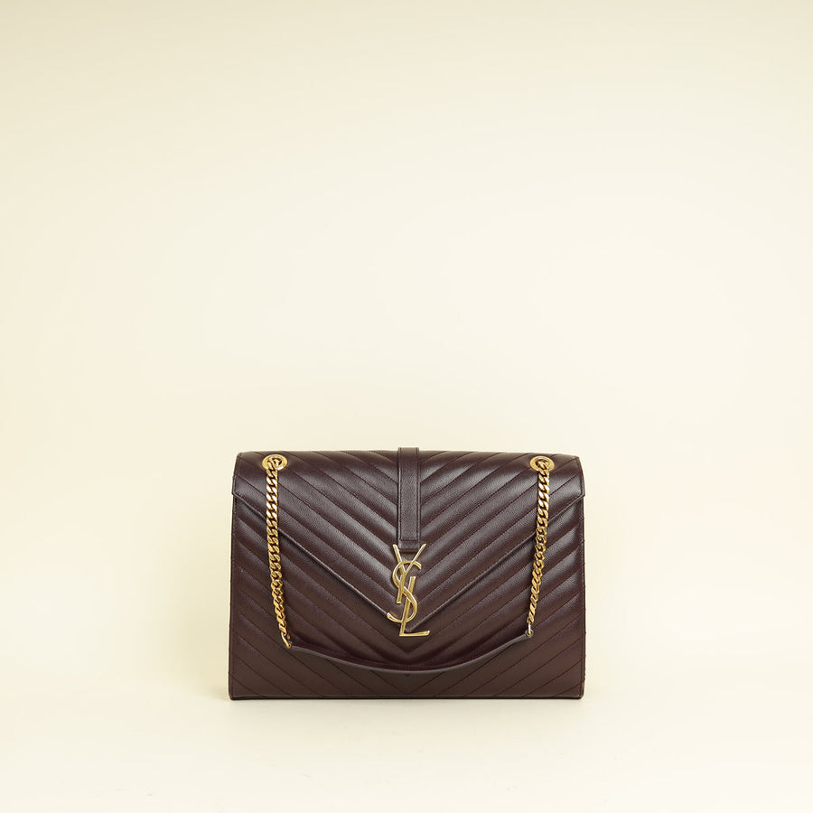 YSL Burgundy Monogram Envelope Large Satchel Bag
