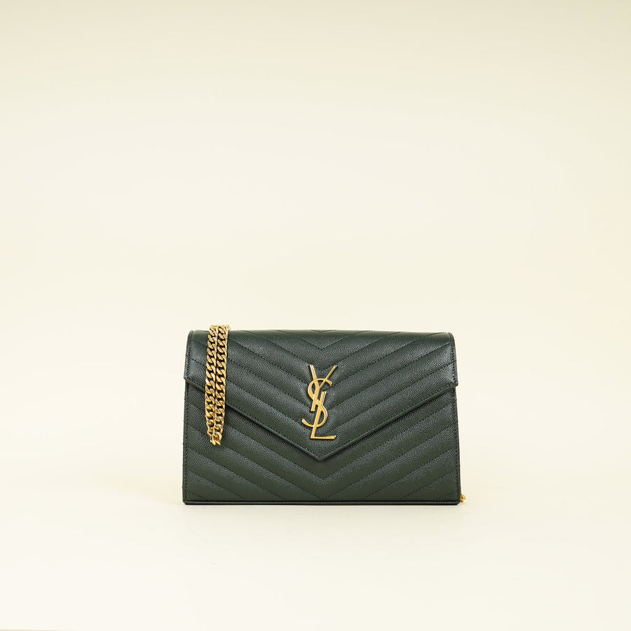 YSL Forest Green Cassandre Chevron Chain Wallet