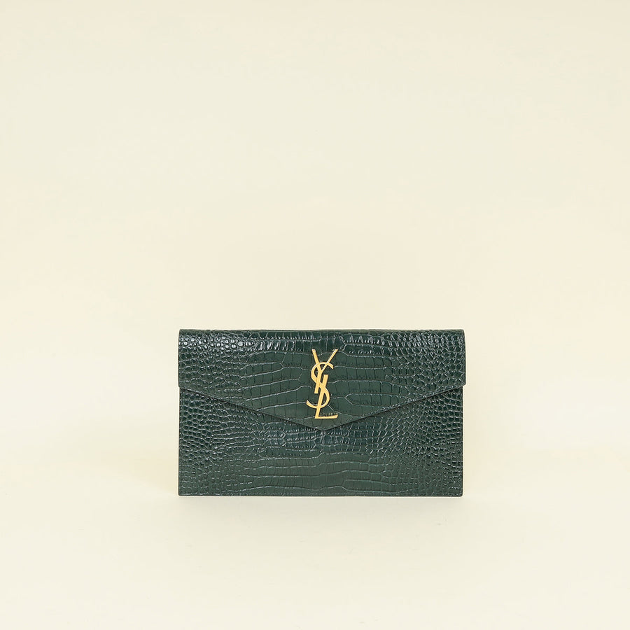 YSL Mint Green Uptown Croco Embossed Pouch