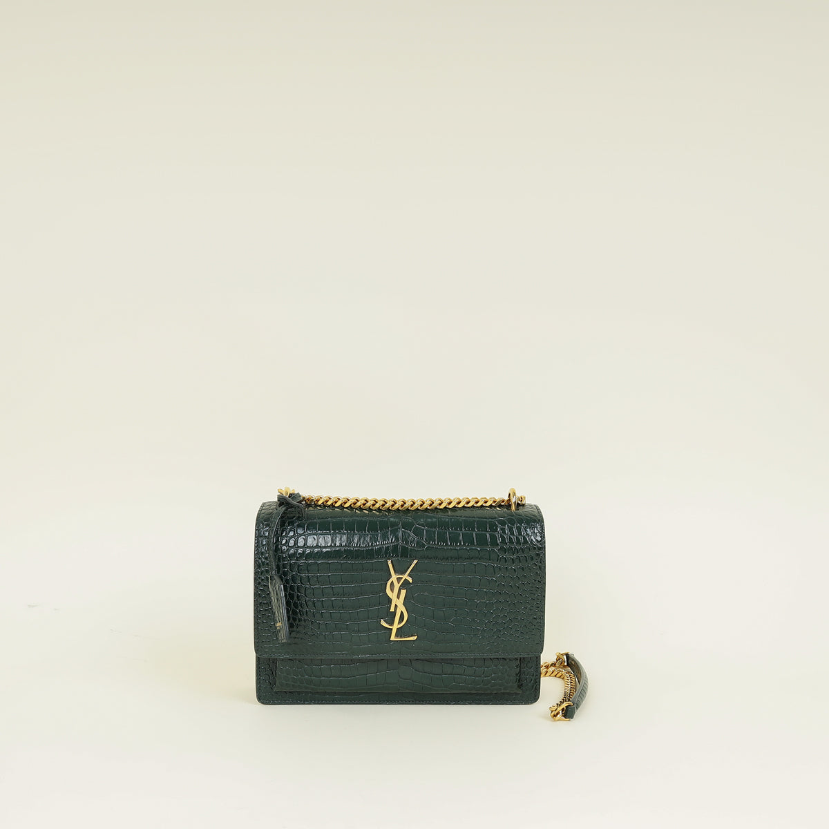 YSL Dark Green Sunset Croco Embossed Medium Shoulder Bag