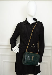 YSL Dark Green Sunset Croco Embossed Medium Shoulder Bag