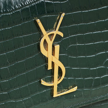YSL Dark Green Sunset Croco Embossed Medium Shoulder Bag