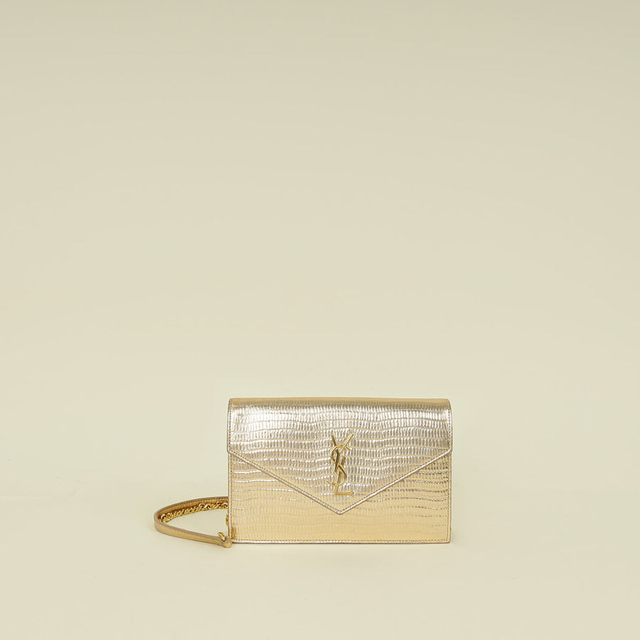 YSL Gold Uptown Lizard Embossed Wallet On Chain
