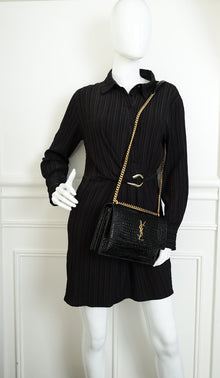 YSL Black Sunset Medium Croco Embossed Shoulder Bag
