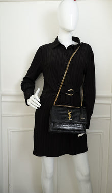 YSL Black Sunset Medium Croco Embossed Shoulder Bag