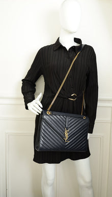 YSL Indigo Blue Monogram Envelope Chevron Large Satchel Bag