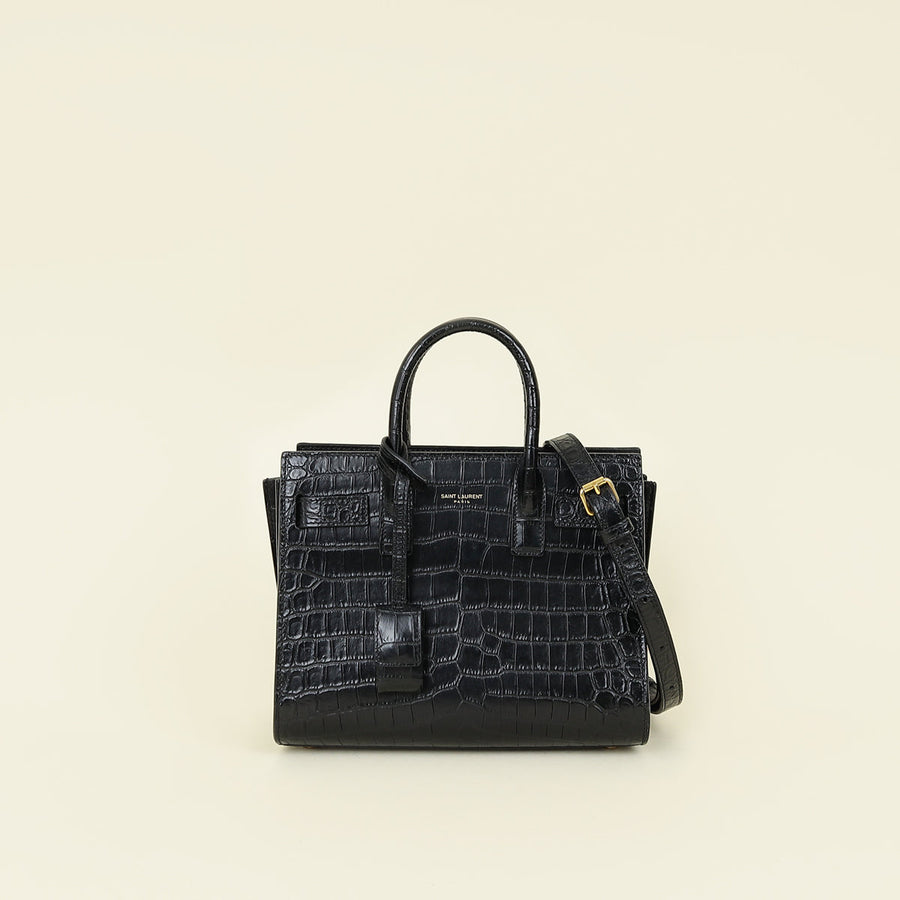YSL Black Croco Embossed Sac De Jour Nano Bag