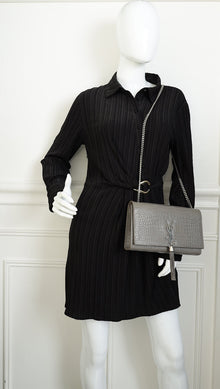 YSL Grey Kate Tassel Croco Embossed Medium Shoulder Bag