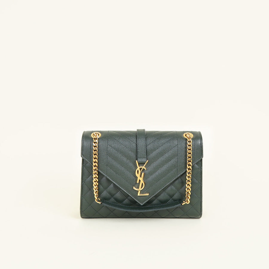 YSL Dark Green Mix Quilt Envelope Chain Medium Shoulder Bag