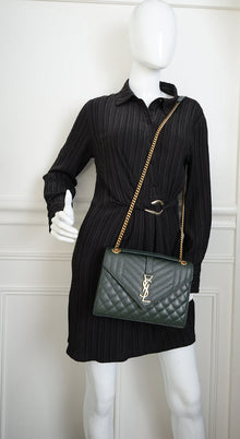 YSL Dark Green Mix Quilt Envelope Chain Medium Shoulder Bag