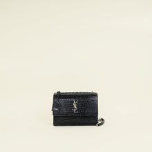 YSL Black Sunset Croco Embossed Medium Shoulder Bag