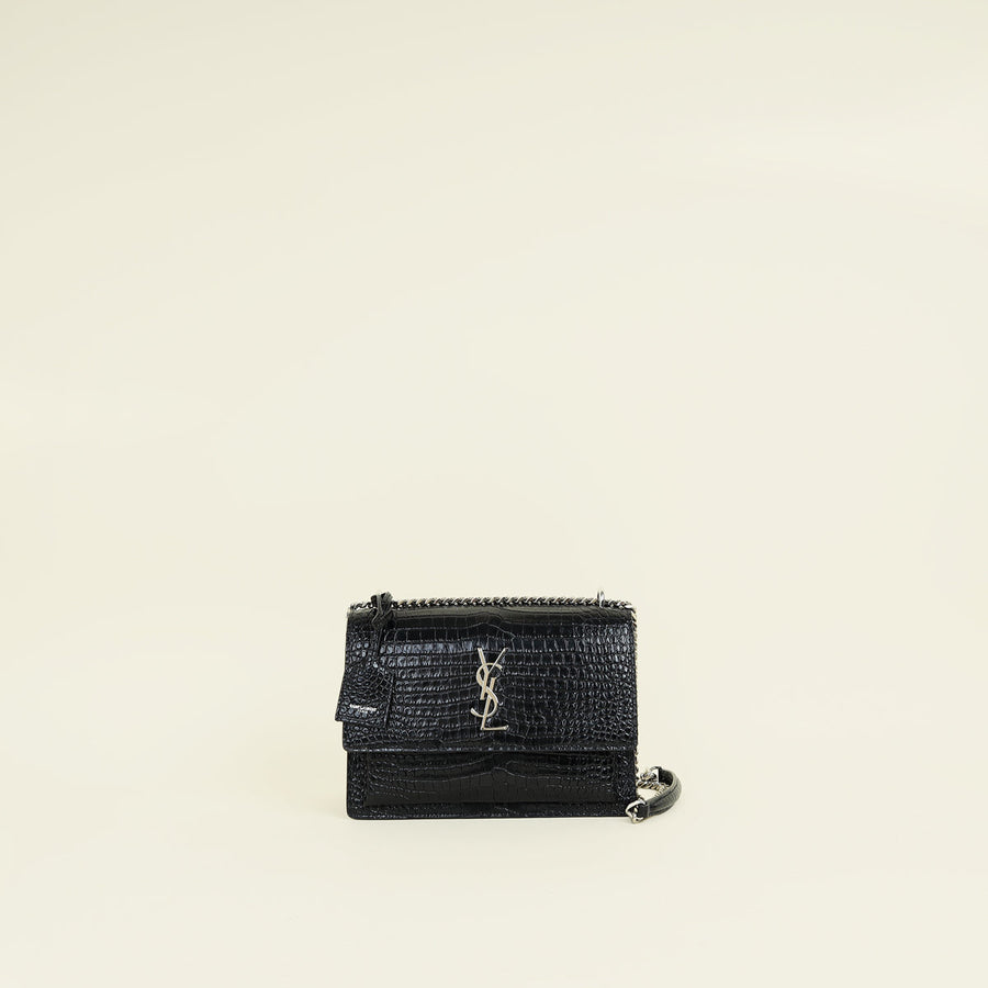 YSL Black Sunset Croco Embossed Medium Shoulder Bag