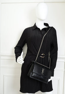 YSL Black Sunset Croco Embossed Medium Shoulder Bag