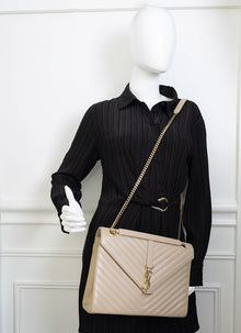 YSL Beige Chevron Satchel Large Shoulder Bag