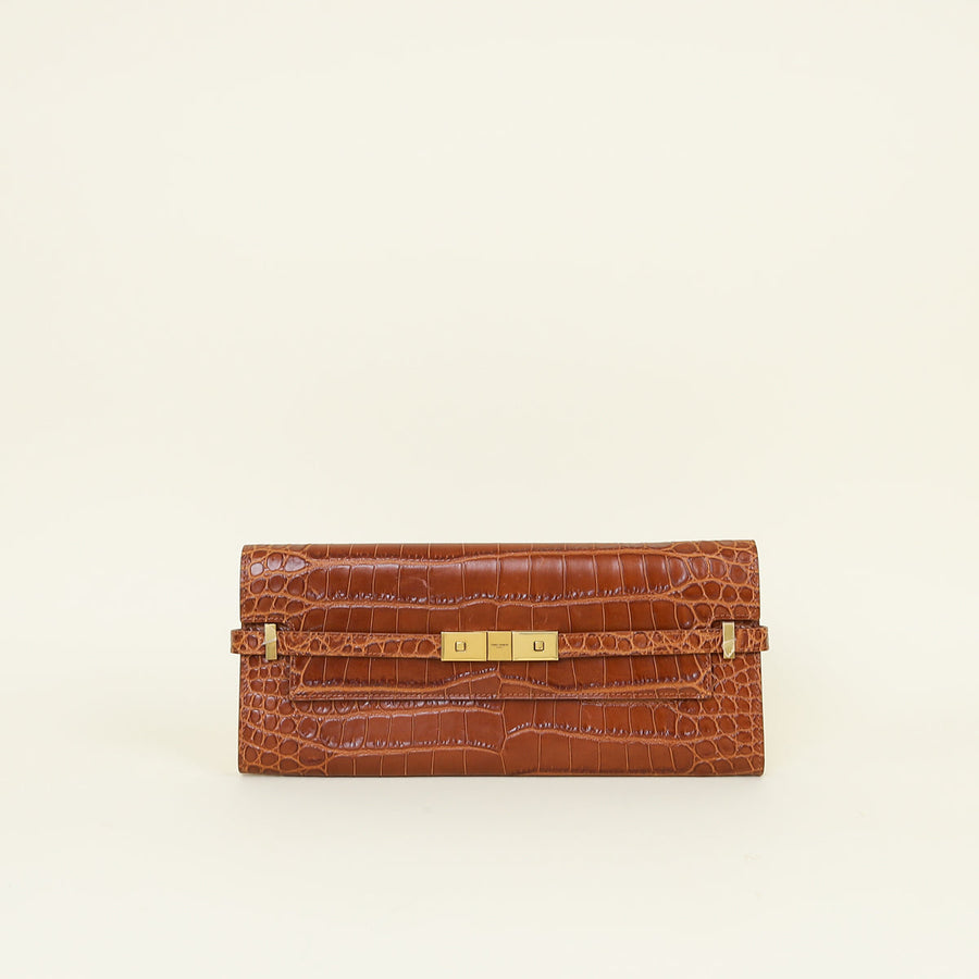 YSL Brown Croco Embossed Manhattan Clutch