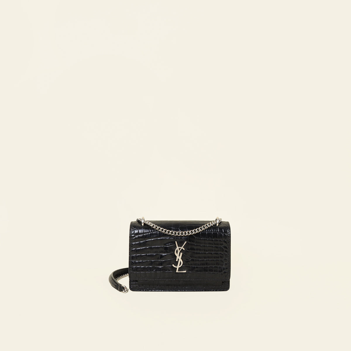 YSL Black Croco Embossed Sunset Wallet on Chain