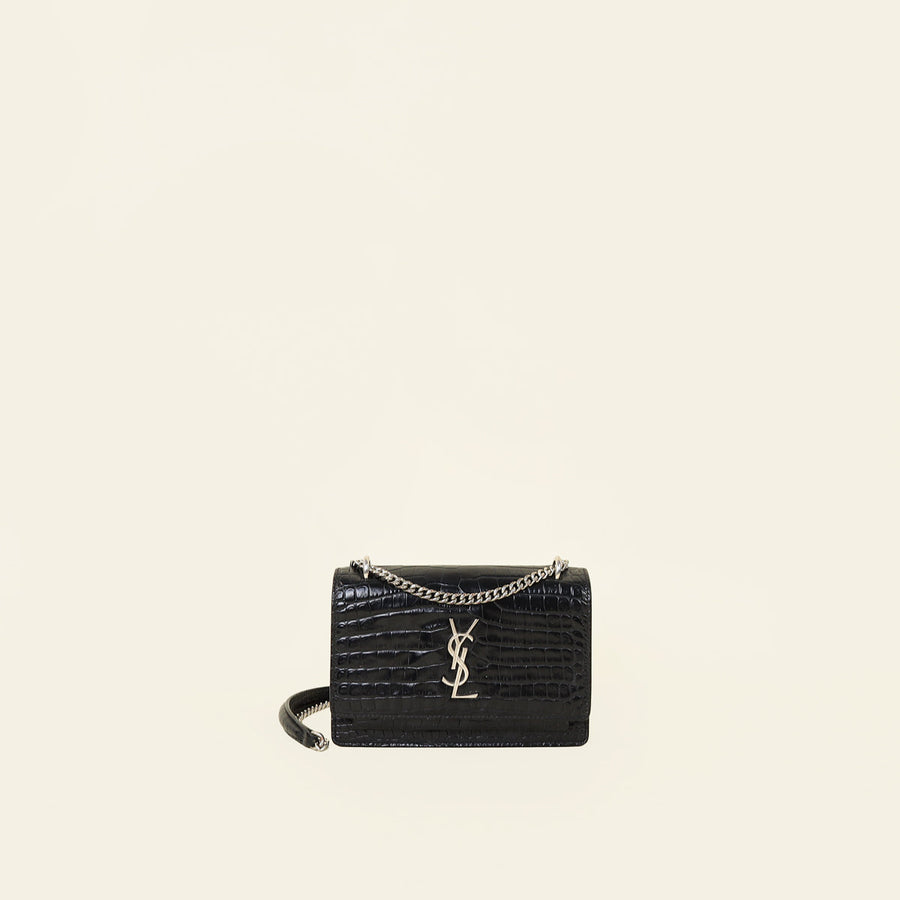 YSL Black Croco Embossed Sunset Wallet on Chain