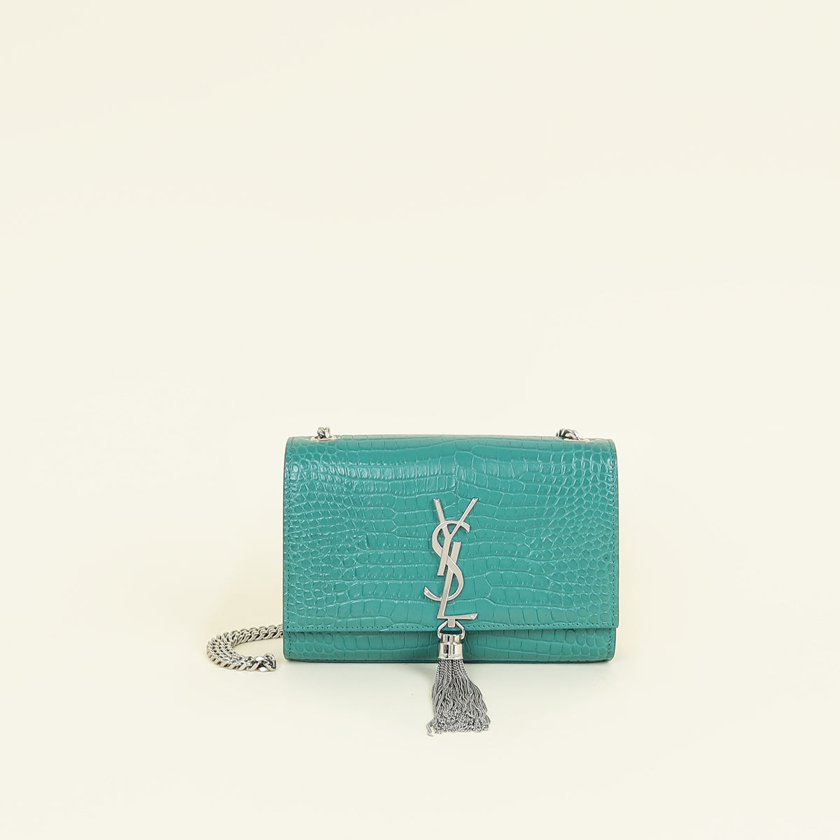 YSL Green Kate Tassel Croco Embossed Small Shoulder Bag