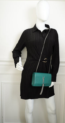 YSL Green Kate Tassel Croco Embossed Small Shoulder Bag