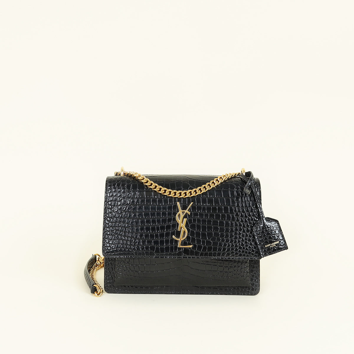 YSL Black Sunset Croco Embossed Medium Shoulder Bag