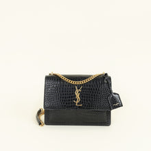 YSL Black Sunset Croco Embossed Medium Shoulder Bag