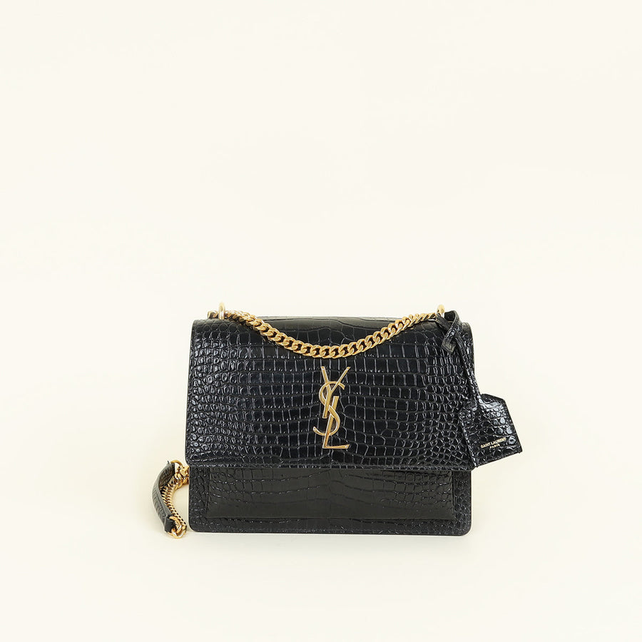 YSL Black Sunset Croco Embossed Medium Shoulder Bag