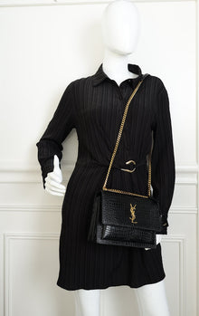 YSL Black Sunset Croco Embossed Medium Shoulder Bag