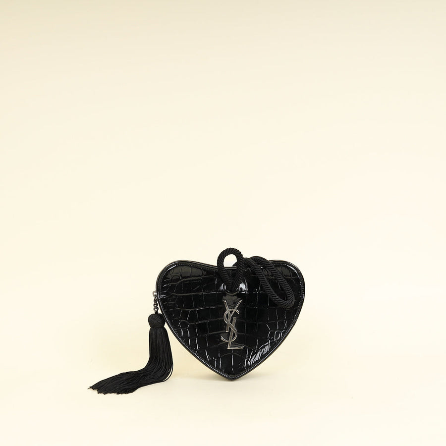 YSL Black Crocodile Embossed Heart Tassel Clutch