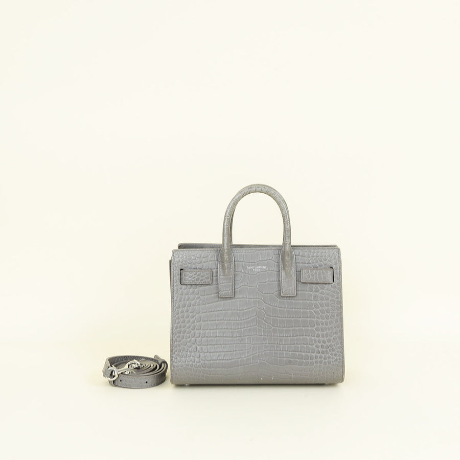 YSL Grey Nano Sac De Jour Croco Embossed Bag