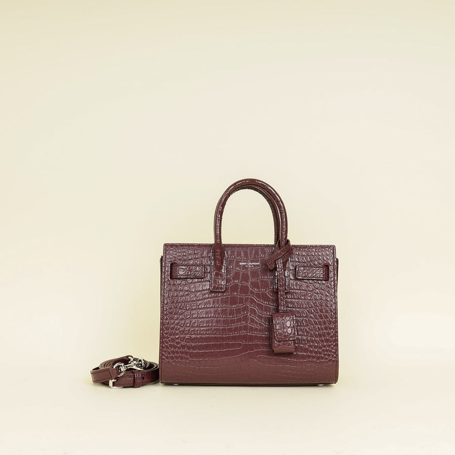 YSL Burgundy Croco Embossed Sac De Jour Nano Bag