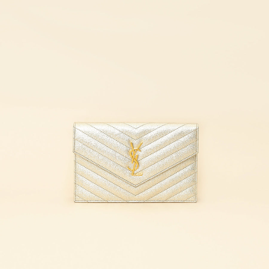 YSL Metallic Gold Monogram Chevron Envelope Chain Wallet