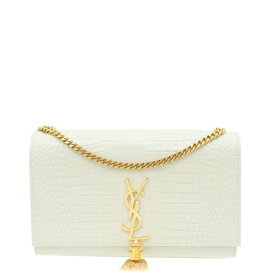 YSL Blanc Vintage Croco Embossed Kate Tassel Medium Bag