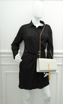 YSL Blanc Vintage Croco Embossed Kate Tassel Medium Bag