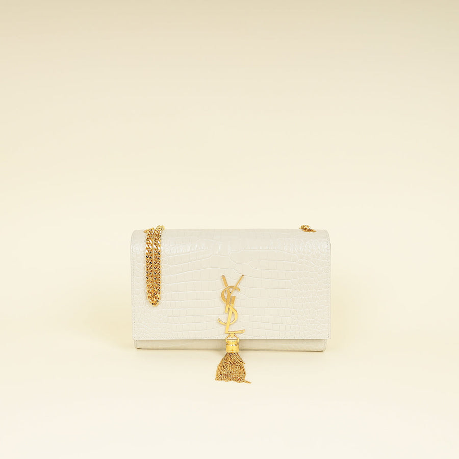 YSL Blanc Vintage Kate Tassel Croc Embossed Medium Shoulder Bag