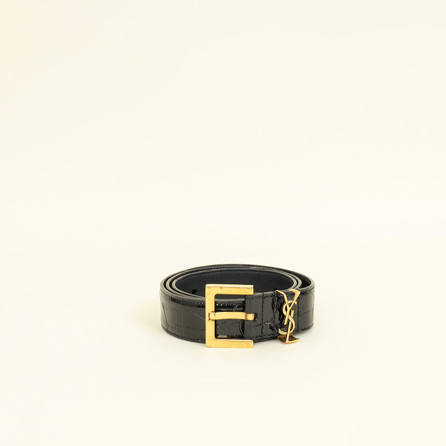 YSL Black Cassandre Buckle Croco Embossed 30mm Belt