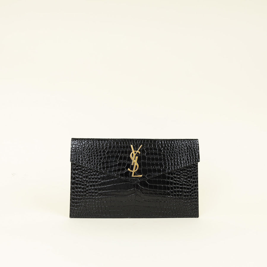 YSL Black Croco Embossed Uptown Clutch