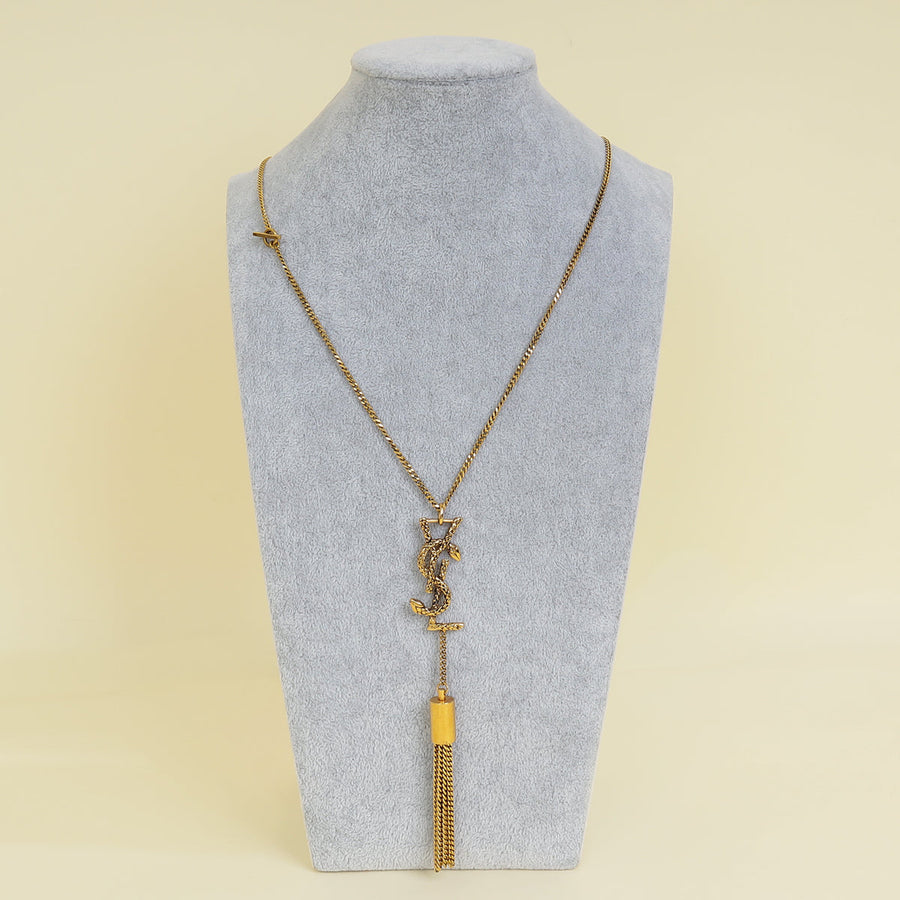 YSL Gold Brass Snake Monogram Tassel Pendant Necklace