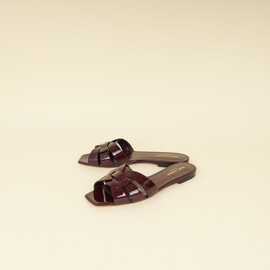 YSL Burgundy Tribute Flat Sandals 39