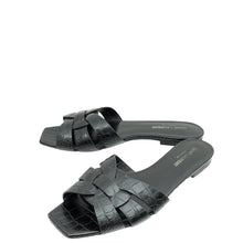 YSL Black Croco Embossed Tribute Flat Mules 38.5