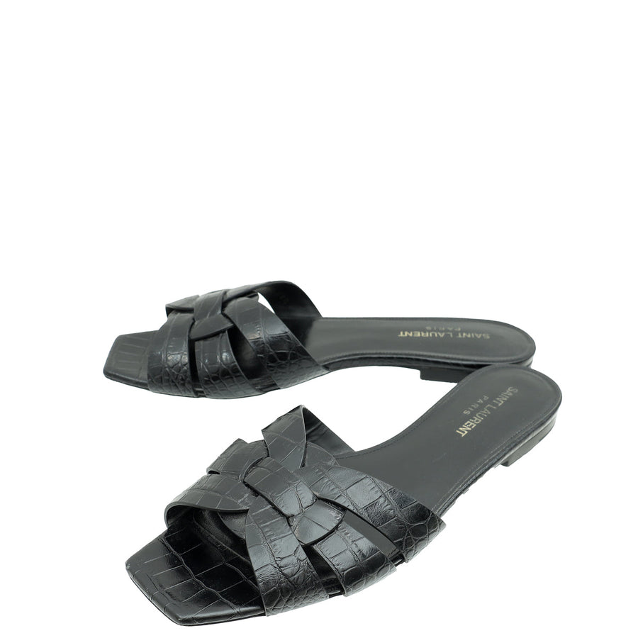 YSL Black Croco Embossed Tribute Flat Mules 38.5
