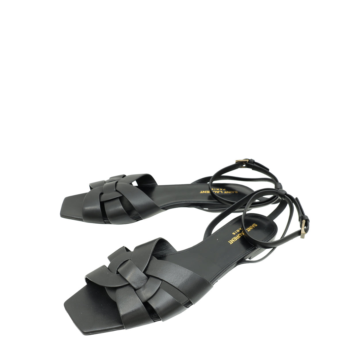 YSL Black Tribute Ankle Strap Flat Sandals 42