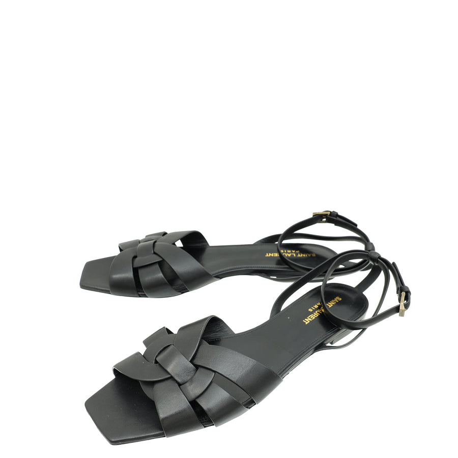 YSL Black Tribute Ankle Strap Flat Sandals 42