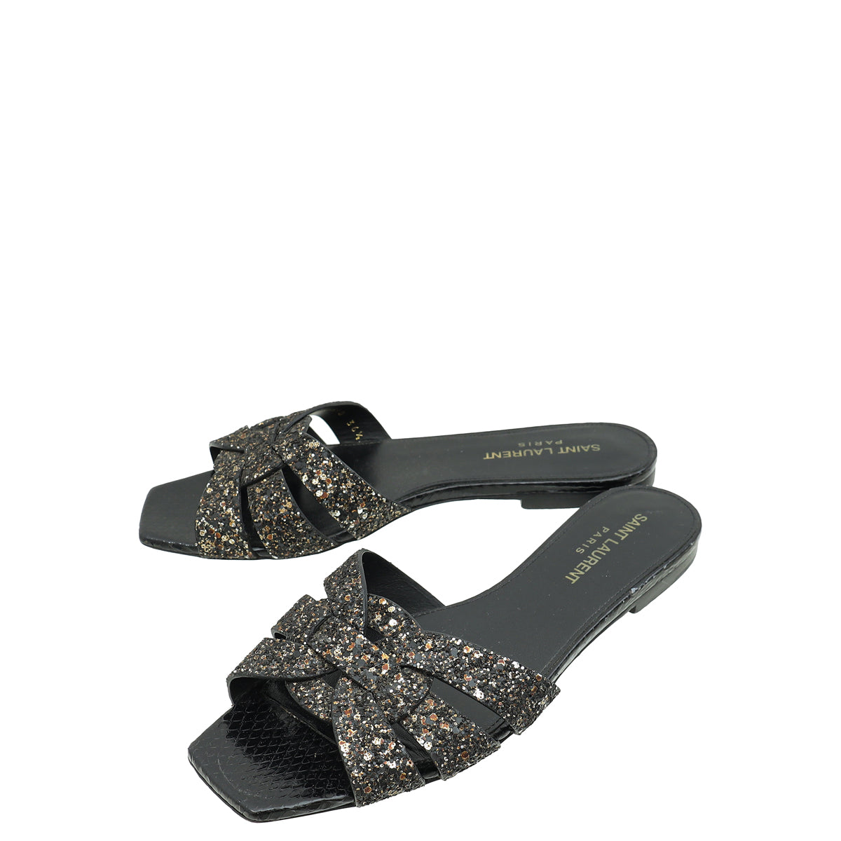YSL Black Coarse Glitter Tribute Flat Mules 36.5
