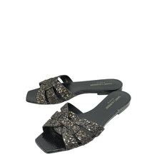 YSL Black Coarse Glitter Tribute Flat Mules 36.5