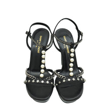YSL Black Jane Chain Pearl Platform Heeled Sandals 37