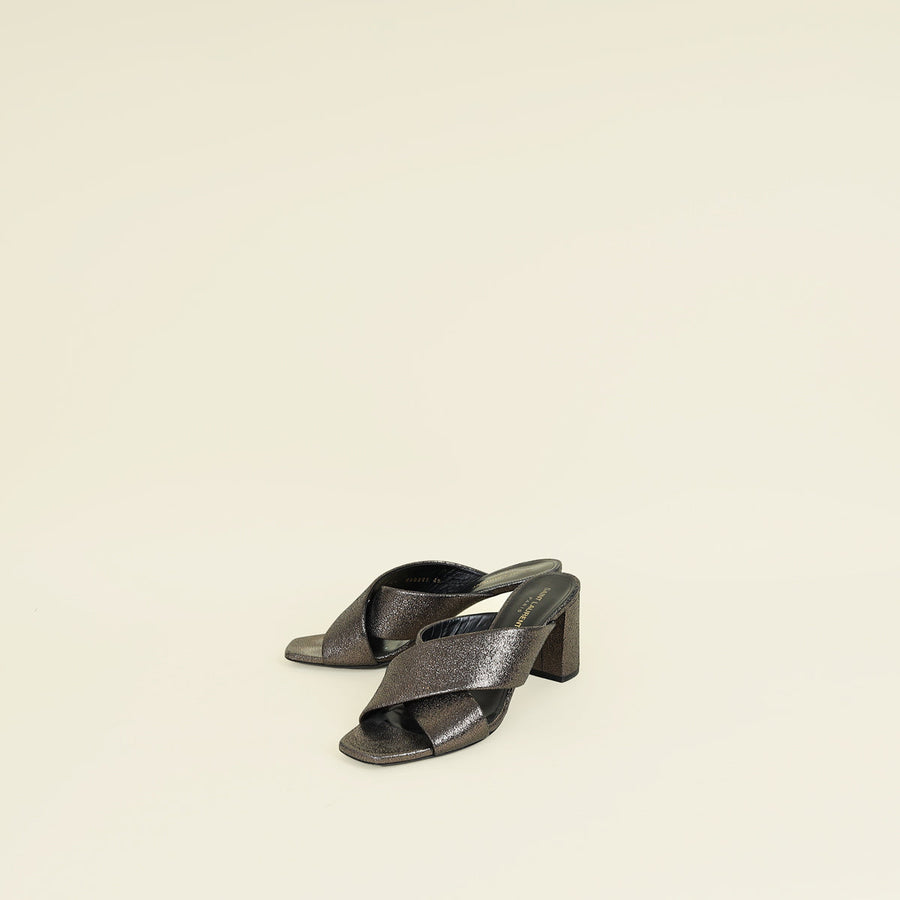 YSL Metallic Dark Grey Loulou Criss Cross Mules 40
