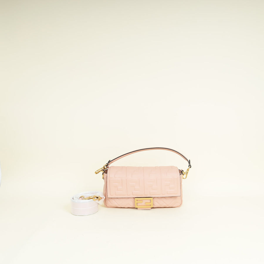 Fendi Light Peach FF Embossed Baguette Medium Shoulder Bag